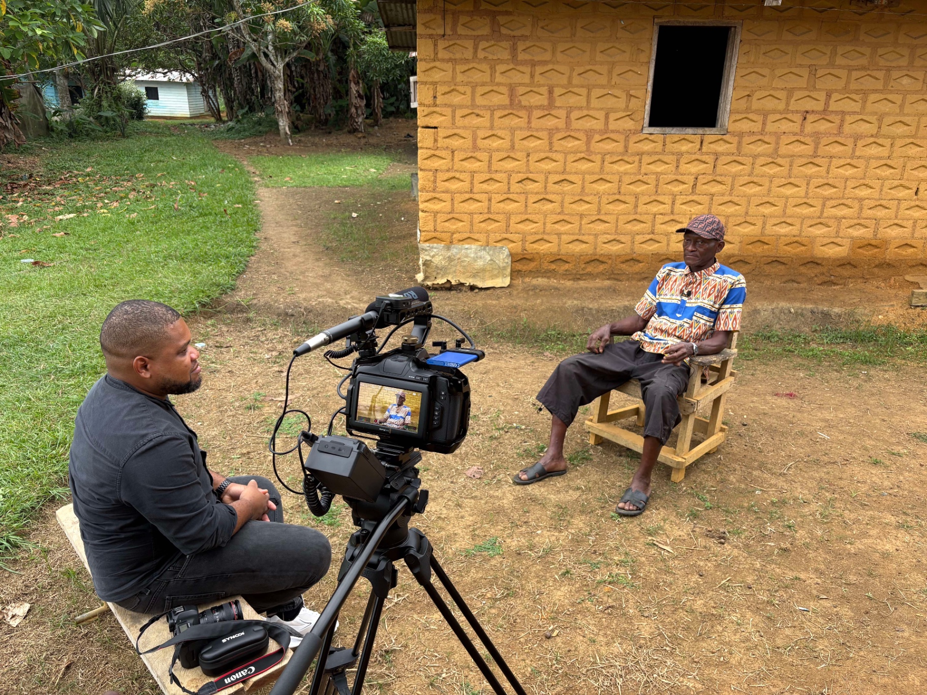Audiovisual fieldwork in Equatorial Guinea — filming on site at a modernist pavilion.