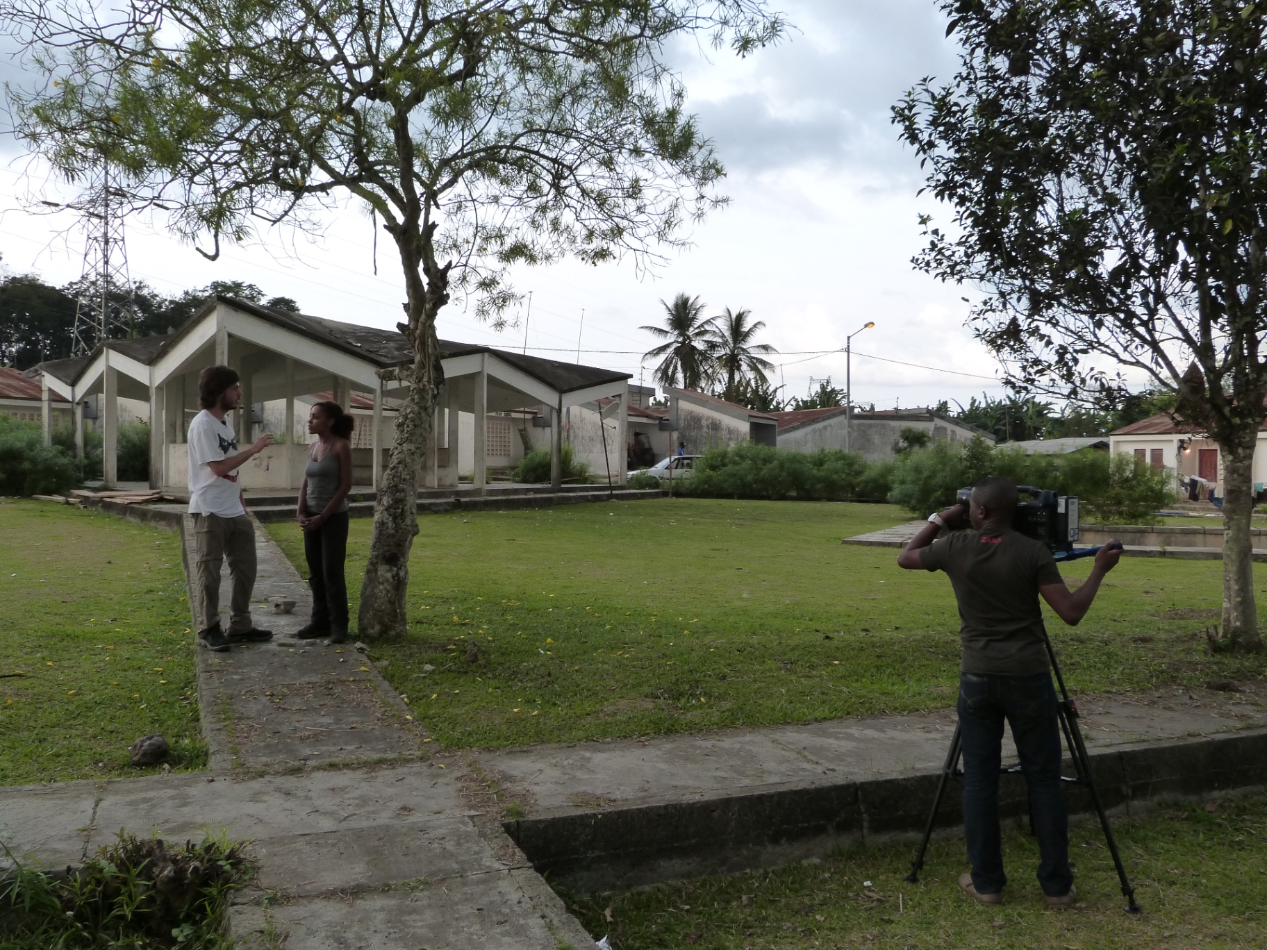 Audiovisual fieldwork in Equatorial Guinea — filming on site at a modernist pavilion.